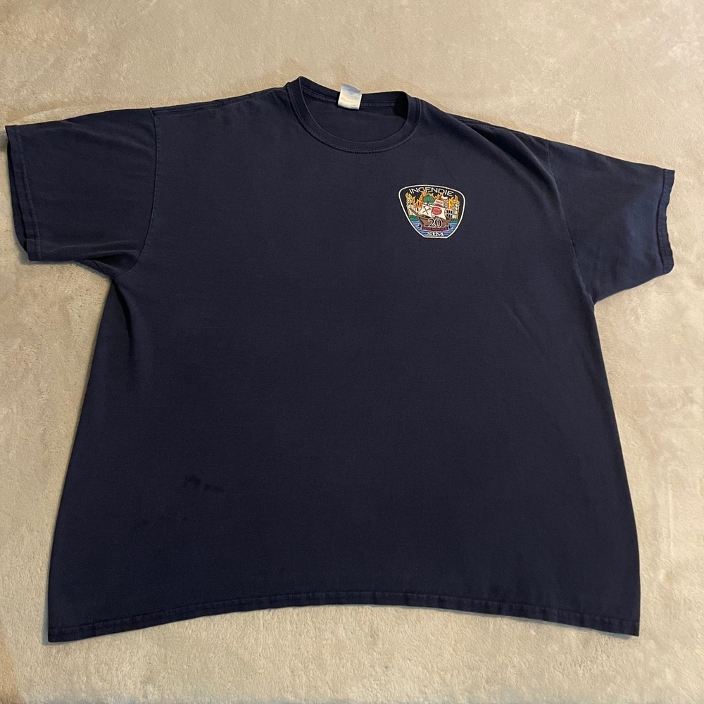 Vintage Gildan Mens 2XL Navy Blue Incendie‎ SIM Caserne 20 Montreal T-Shirt 90s